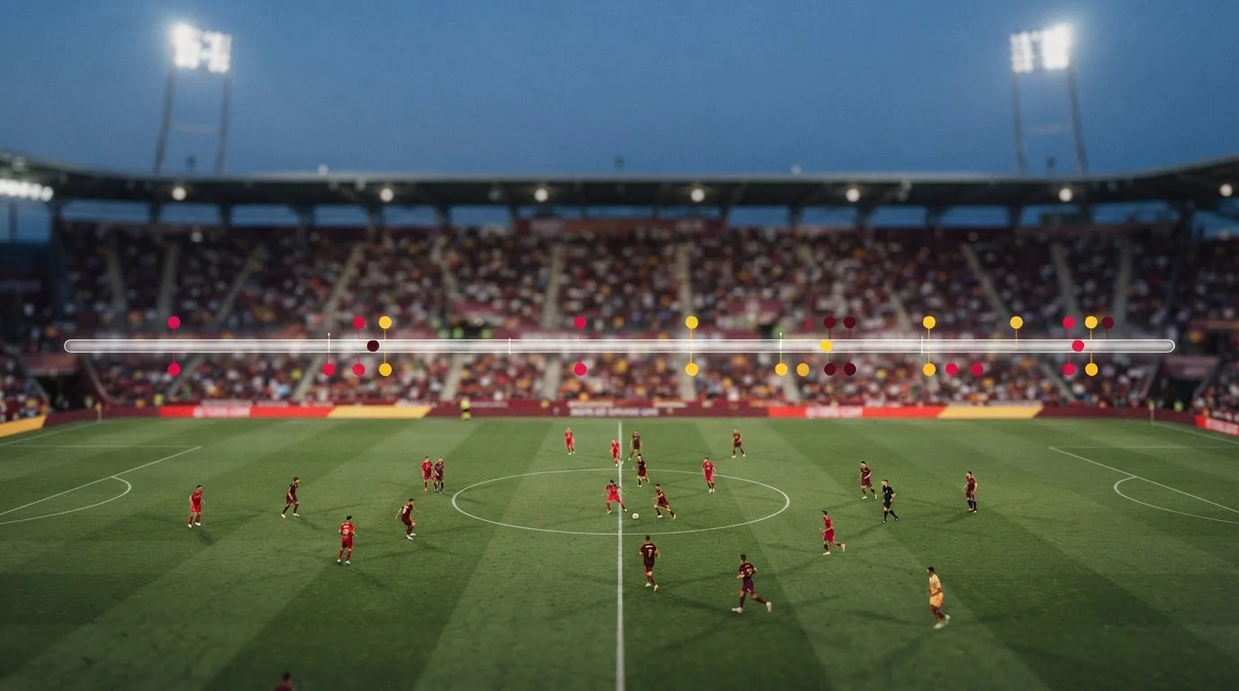 Leuchtende Zeitleiste mit farbigen Ereignispunkten oberhalb eines Fußballfeldes im Stadion