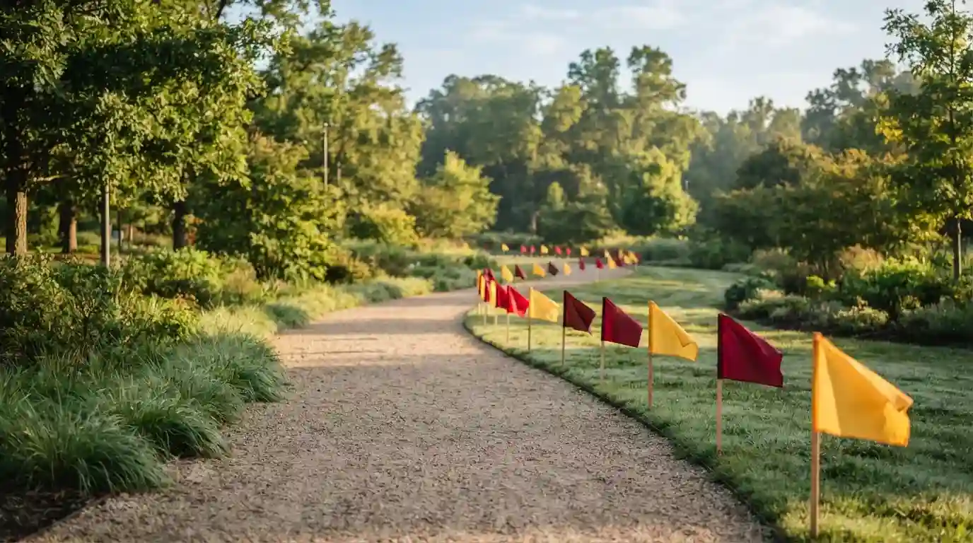 Gepflasterter Parkweg mit kleinen farbigen Fahnen in mehreren Abständen