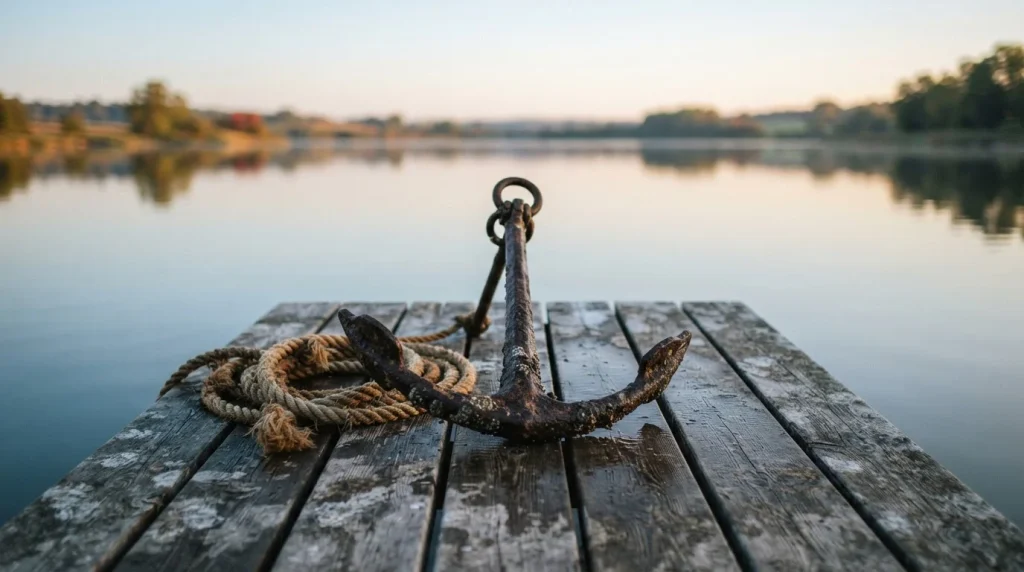 Schwerer Metallanker auf einem Holzsteg neben ruhigem Wasser