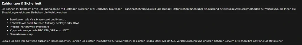 Zahlungsverfahren im Kassenbereich von EmirBet mit verschiedenen Zahlungsarten