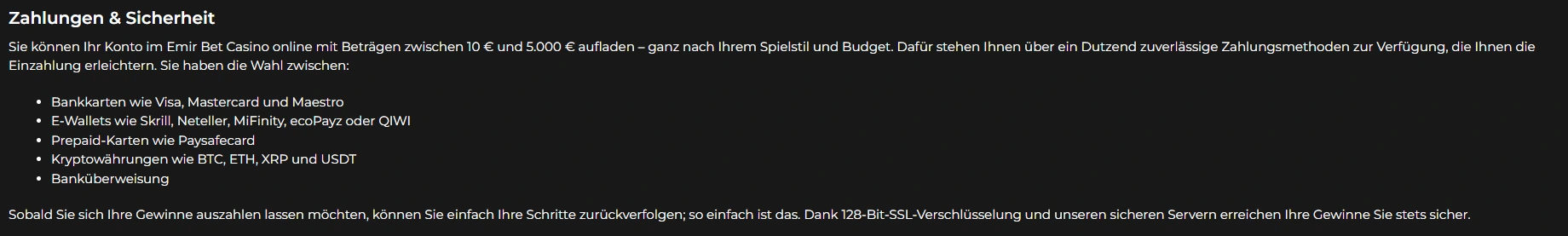 Zahlungsverfahren im Kassenbereich von EmirBet mit verschiedenen Zahlungsarten