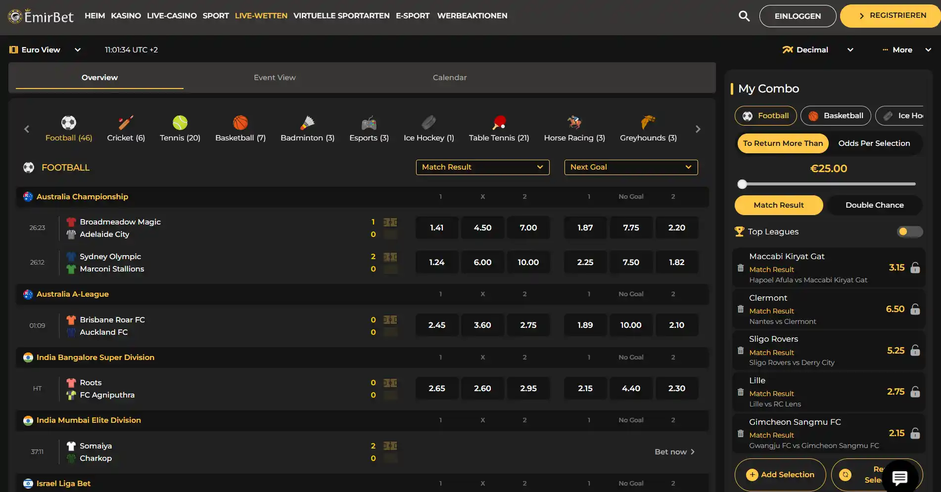 Live-Sportwettenbereich von EmirBet mit Ereigniszeilen und Quotenfeldern