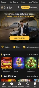 Mobile Wettansicht von EmirBet mit Sportnavigation und Quotenzeilen