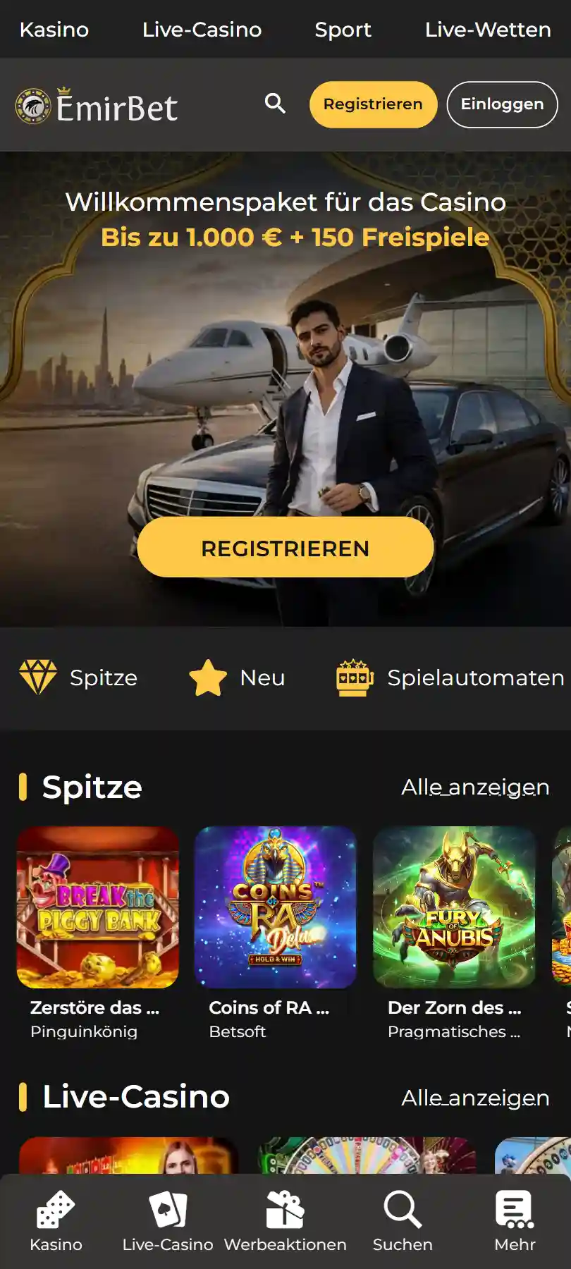 Mobile Wettansicht von EmirBet mit Sportnavigation und Quotenzeilen